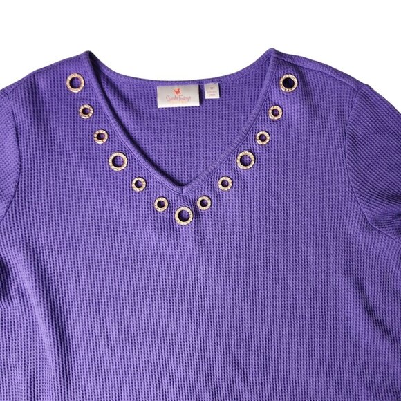 Quacker Factory Shirt Womens Purple Waffle Knit Long Sleeve Rhinestone Rivets 1X - Picture 9 of 9